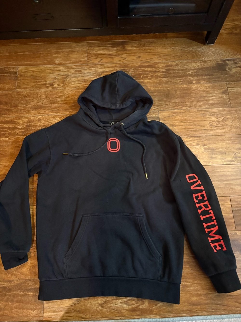 Black Hoodie with Red Overtime Sleeve Print